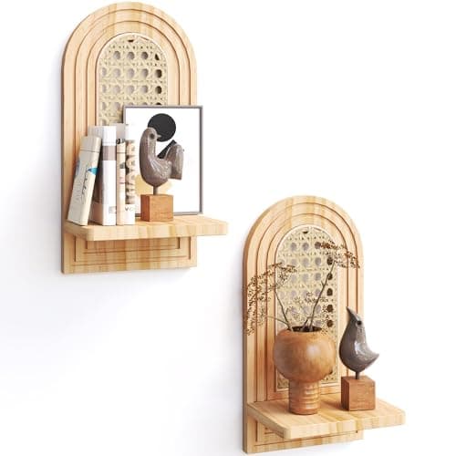 Rattan Wall Shelf Set of 2, 7'' Natural Floating Shelves Boho Decor, Rustic Wood Arched Rattan Wall Mounted Storage Shelves for Plant Figurines Display, Wicker Shelf for Living Room Nursery Bedroom