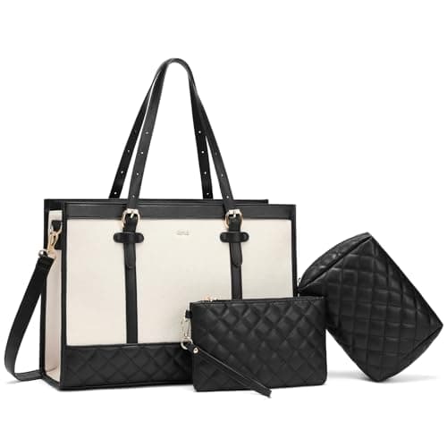 Keyli 3pcs Laptop Bag for Women,15.6 Inch Canvas+Leather Laptop Tote Bag Work Bags Large Capacity Business Computer Briefcase Casual College Shoulder Handbag Crossbody Purse for Travel Office Khaki