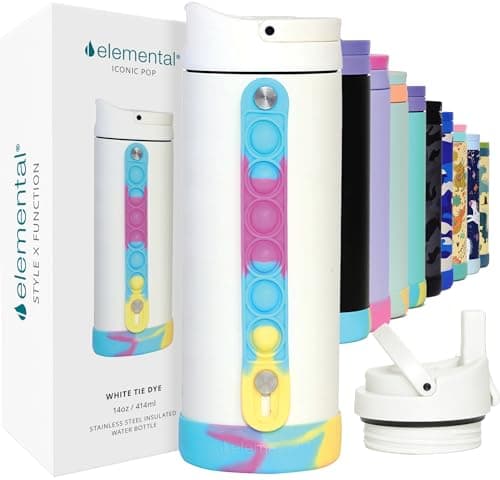 Elemental Iconic Kids Water Bottle for School - 100% Leak-Proof Insulated Water Bottles with Straw Lid & Pop-It Handle for Boys & Girls - Triple-Wall Insulated & BPA-Free, 14oz – White Tie Dye