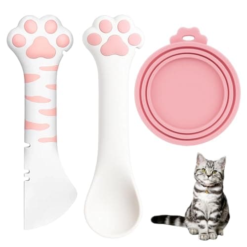 ZHLKHIOP 2-in-1 Pet Food Spoon and Can Opener, Cat Food Spatula,cat spatula,Pink Cat Design with Lid, Easy Scooping and Mixing Wet Food for Cats, Convenient Feeding Tool for Pet Owners