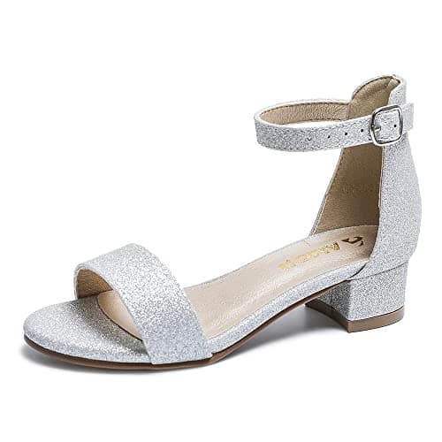 Amoji Girl Dress Sandals Sparkly Shoes Kid Heels Flower Wedding Girl High Heels Prom Shoes Silver KID301 Size 5 Big Kid