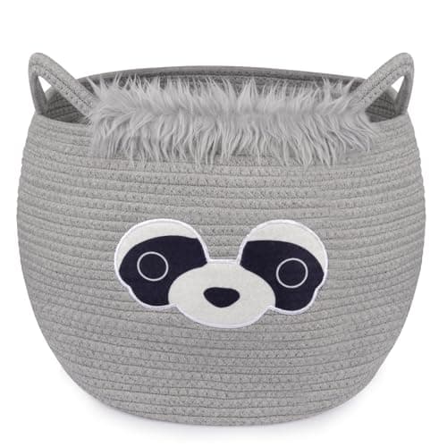 Hkojewp Raccoon Large Blanket Woven Basket for Nursery,Rope Cotton Storage Gift Basket,Baby Oval Bear Laundry 0rganizer with Ears Handles, Cute Animal Baskets Clothes Decor Storage Bins,13" D×12" H