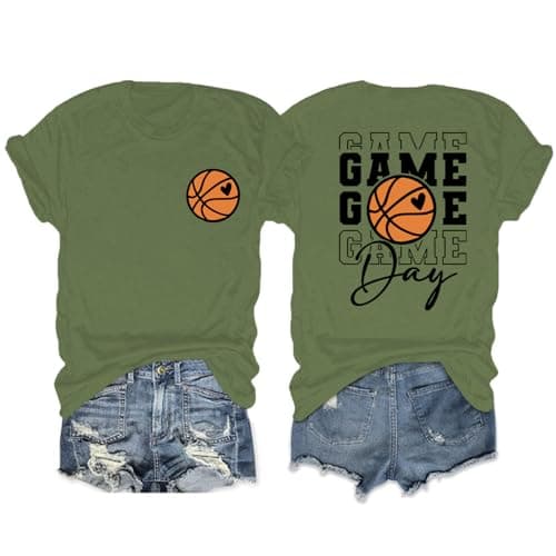Migxsaf Basketball Mom Shirts for Women Game Day Shirt Funny Print Tshirts Vintage Graphic Tees Casual Summer Tops Lover Gift(Army Green,XL)