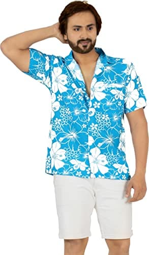 LA LEELA Mens Hawaiian Shirts Short Sleeve Button Down Shirt Floral Shirt Men Boho Casual Beach Shirts for Men Funny S Hibiscus, Autumn Turquoise