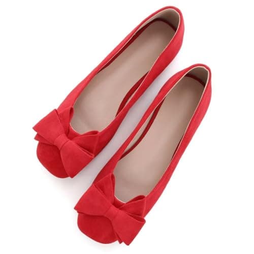 Stunner Women's Wide Bow Square Toe Bowknot Ballet Flats Red 38(7)