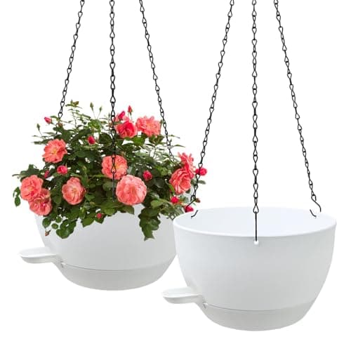 WOUSIWER Self Watering Hanging Planters, 2 Pack 10'' Plastic Pots with Drainage Holes & Reservoir Tray (White) | Indoor & Outdoor Use for Ferns, Ivy, Herbs, Succulents