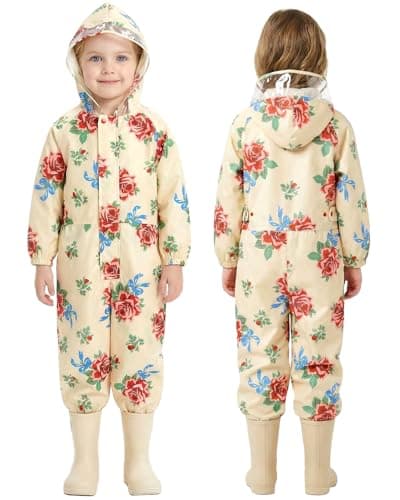 JiAmy Kids Rain Suit Toddler One Piece Rainsuit with Hood,Full Body Waterproof Coveralls for Boys Girls,Lightweight Packable Rainwear for Rainy Days,Mud & Outdoor Play Beige 7-10 Years