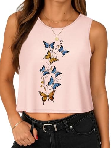 Womens Crop Tops Summer Casual Sleeveless Tank, Misty Rose Butterfly, M