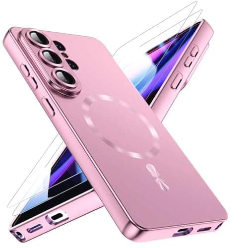 QiiStar Magnetic for Samsung Galaxy S26 Ultra Case with 2* Screen Protector & Full Camera Cover [Compatible with MagSafe] Luxury Metallic Glossy Women Girls Phone Case for Galaxy S 26 Ultra,Pink