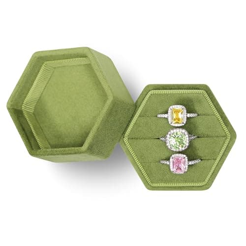 BLUTETE Velvet Jewelry Ring Box,Hexagon 3 Slots Wedding Day Ring Box,Premium Vintage Ring Display Holder Case for Wedding Ceremony Proposal Engagement(Olive Green)