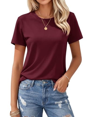 MAGCOMSEN Women's Summer Cotton T-Shirt Short Sleeve Classic-Fit Shirts Crewneck Casual Basic Soft Tee, WineRed, S