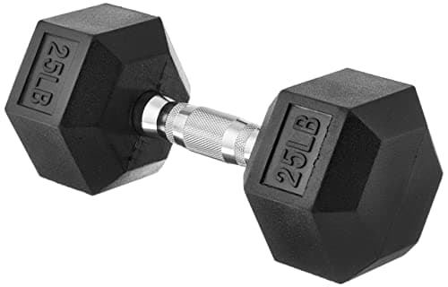 Amazon Basics Rubber Hex Dumbbell Weight with Comfortable Grip, Hexagon-Shape Prevents Rolling, Cast-Iron Core for Home Gym Workouts, 25 Pounds, Single, Black