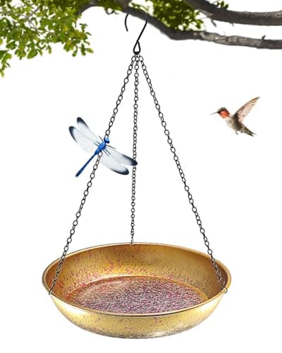 Hanging Bird Bath for Outside Metal Birdbath 11 Inch for Birds to Seed Bathe Drink Decor Bird Bath Gold to Iridescent Pink Gradient Decor for Garden Back Yard Patio Attracts Hummingbirds & Finches