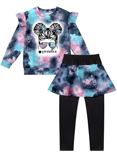 Aulyffo Girls Outfits Size 6 Girl Clothes Size 7 Tie Dye Two Piece Skirted Legging Sets Ruffle Sleeve Graphic Print Tops + Skirted Pants Kids Clothing Set Colorful