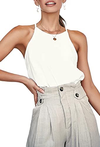 LouKeith Womens Tops Sleeveless Halter Racerback Summer Casual Shirts Basic Tee Shirts Cami Tank Tops Beach Blouses Cream L