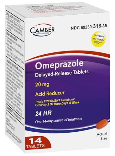 Camber Omeprazole Tablets, Delayed-Release Tablets, 20mg Acid Reducer, 14 Tablets