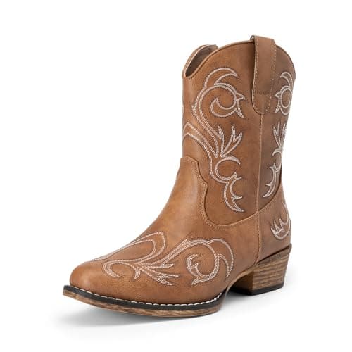 DREAM PAIRS Women's Cowboy Cowgirl Western Boots Embroidered Stitched Ankle Boots Square Toe Chunky Heel Fashion Short Booties with Zipper,Size 6.5,Tan,DWUMAB2511