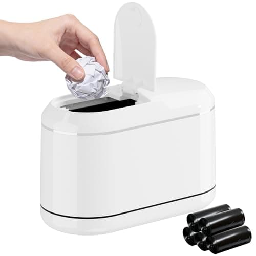 PAVSTINE Mini Trash Can for Desk with 5 Rolls Trash Bags, White Half-Lid