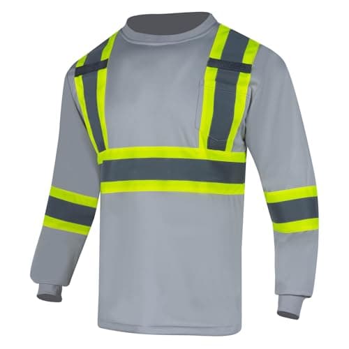 VENDACE Men's High Vis Safety Work T Shirt ANSI Class 1 Reflective Long Sleeve Shirt with Pocket(Grey,3XL)