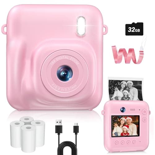 Kids Camera Instant Print, 48MP Dual-Lens Digital Camera for Girls Boys Christmas Birthday Gifts, 1080P Selfie Instant Cameras for Kids Video, Portable Toddler for 4-12 Years Old with 32GB Card-Pink