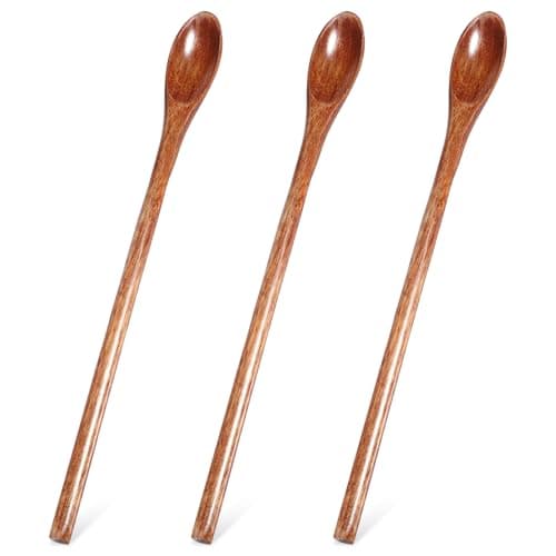 Long Wooden Spoons for Honey and Coffee, 3PCS 7.95inch Wooden Teaspoons with Long Handle for Stirring Jam Dessert, Brown Wood Mixing Spoons