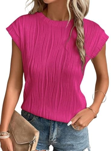 EVALESS Women's Short Sleeve T Shirts 2026 Fashion Casual Spring Summer Crew Neck Loose Fit Textured Tops Plain Basic Tee Blouses Clothes Rose Red X-Large