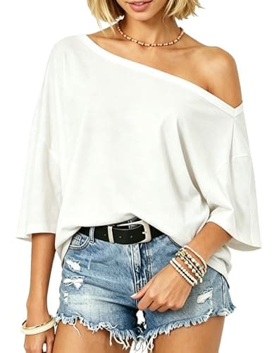 Dressmine Boat Neck Tops for Women Loose Batwing Short Sleeve Knit Going Out Blouse Sexy Date Night Top White 2XL