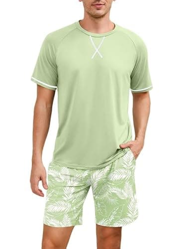 Marvmys Mens Pajamas Set Soft Cotton Lounge Set O Neck Sleep Nightwear Short Sleeve Pjs with Pockets Tropical Leaves S