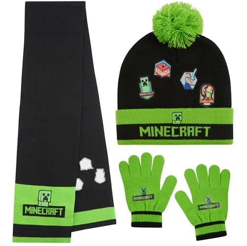 Minecraft Winter Set for Boys, Teens, 3 Piece Hat Scarf Gloves or 2 Piece Gloves & Hat, Winter Accessories, Gifts for Boys (6-14 Years, Green/Black Minecraft, 3 Pcs)