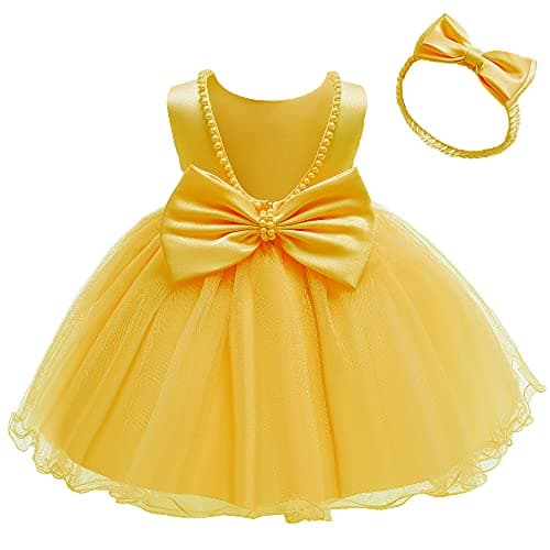 Princess Girls Bowknot Pageant Dresses Cute Sleeveless Prom Tulle Backless Toddler Party Dresses for Baby (Yellow,110)