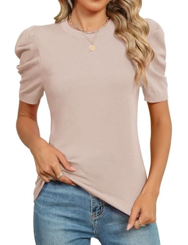 AKEWEI Womens Puff Short Sleeve Sweaters Pullover Shirt Tops Crew Neck Lightweight Knit Sweater Blouses (Apricot, L)