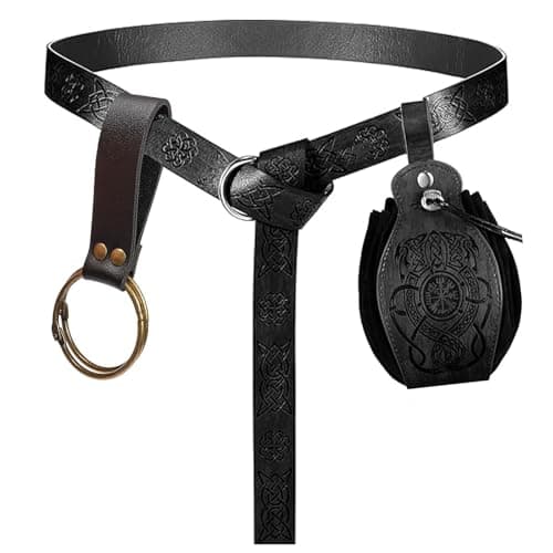 3 Pcs Halloween Renaissance Belt Pouch Coin Purse Phone Holder Skirt Hikes Medieval Viking Pirate Leather Belt Costume Sets (1-Black)