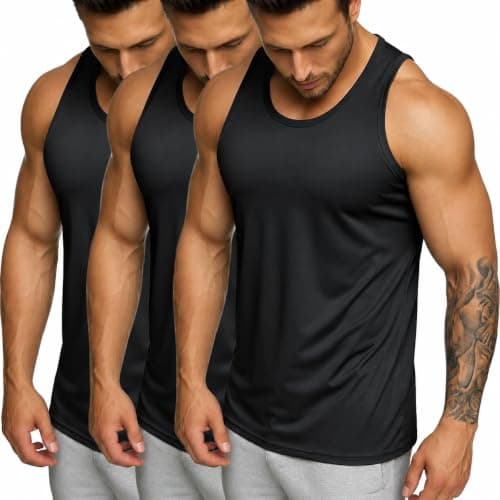 MAGCOMSEN 3 Pack Men's UPF 50+ Tank Top Quick Dry Summer Workout Muscle Sleeveless Shirts for Swim Beach Bodybuilding Black/Black/Black M