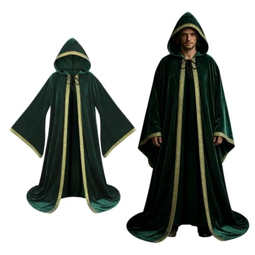 Colorful House Velvet Hooded Wizard Robe with Gold Trim Halloween Cosplay Cloak (Green, 56"/140cm)
