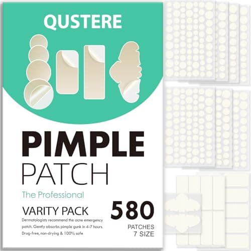 QUSTERE 580 Count Pimple Patches for Face, Large Hydrocolloid Acne Patches Stickers Bandages, Blemishes Zit Breakouts for Cheeks, Forehead, Chin, Nose for Full Face & Body | 7 Sizes | 4 Shapes