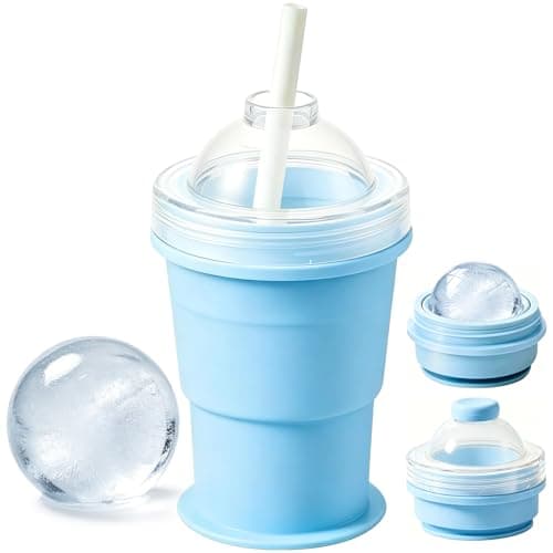 2-in-1 Collapsible Silicone Ice Ball Maker Cup, Reusable Portable Large Ice Sphere Mold with Straw & Lid, Easy to Demo, Leakproof Travel Ice Mold Cup for Bourbon,Cocktails,Juice,Tea & Coffee (Blue)