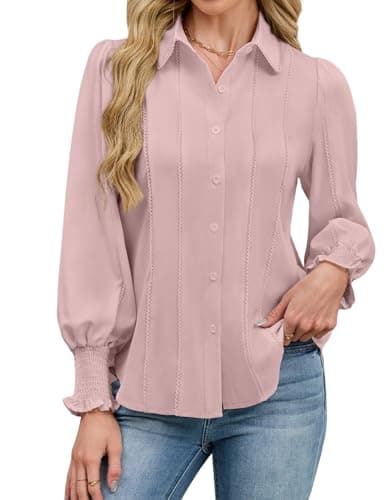 AGSEEM Womans Formal Collared Tops Smocked Cuffed Chiffon Blouse Business Casual Ladies Long Sleeve Embroidered Trim Button Down Dress Shirt, Pink S