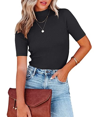 Nutssfiree Womens Turtleneck Mock Neck Tops Short Sleeve T Shirts Business Casual Shirt Ribbed Summer Going Out Top Black
