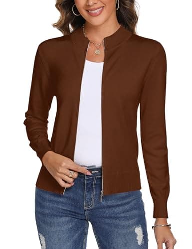 Totatuit Zip Up Cardigan for Women Long Sleeve Knit Zipper Sweater Coat for Women Plus Size Casual Lightweight Jacket Soft Fall Winter Outfits Cozy Autumn Clothes Zipper Up Sweatshirts Caramel XL