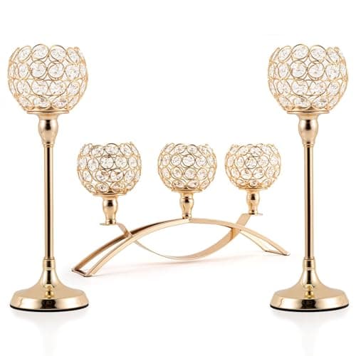 VINCIGANT Gold Crystal Candle Holders Set of 3,4" Crystal Bowl Ball