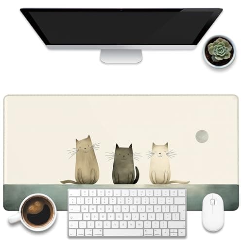 KOAIWPAE Desk Pad, Three Smiling Cartoon Cats Desk Mat, Large Gaming Mouse Pad, 31.5"x15.7" Extended Big Computer Keyboard Mouse Pad with Non-Slip Base and Stitched Edge