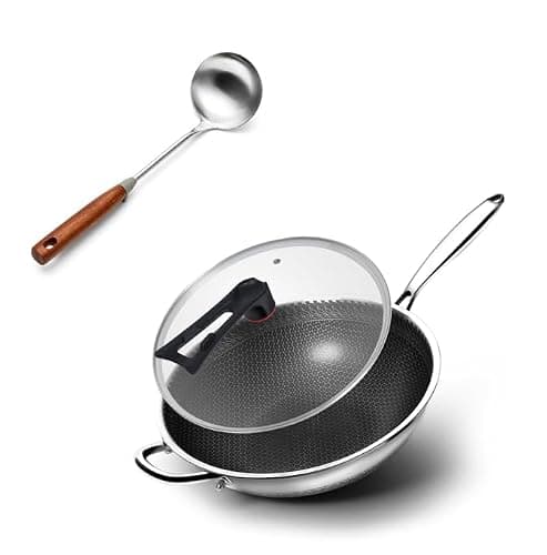 WANGYUANJI 14.2 Inch Stainless Steel Soup Ladle,Honeycomb Stainless Steel Wok Pan with Lid, 12.6 Inch Hybrid Nonstick Stir Fry Pan Flat Bottom