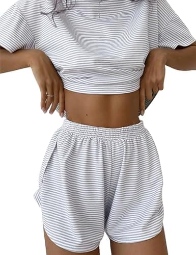 Kistore Womens Spring Summer 2 Piece Striped Short Sets Short Sleeve Split Short Loungewear Pajama Set Gray White Striped X-Large