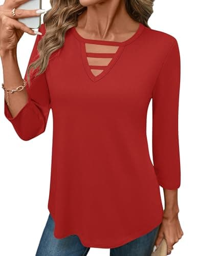 LOMON Womens Tunic Tops 3/4 Sleeve Tops for Women Long Tunic Top to Wear with Leggings Vacation Trendy Red Top M