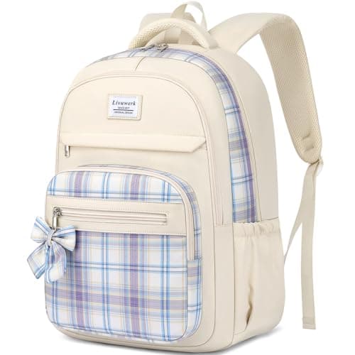 LIVUWERK School Backpack for Teen Girls: Cute Bookbags Middle High School College Casual Back pack 15.6 inch Laptop Backpacks Vintage Bags Women Travel Daypacks Mochilas Escolares Beige