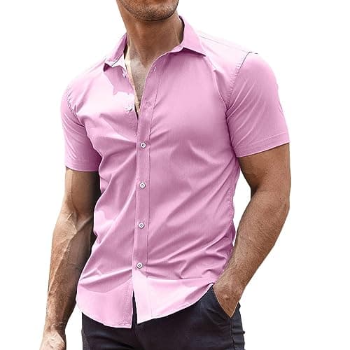 COOFANDY Men's Muscle Fit Dress Shirts Wrinkle-Free Short Sleeve Casual Button Down Shirt Light Pink