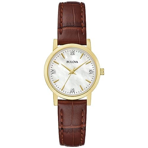Bulova Ladies' Classic Diamond Gold Stainless Steel 3-Hand Quartz Watch, Brown Leather Strap, 27mm Style: 97P170
