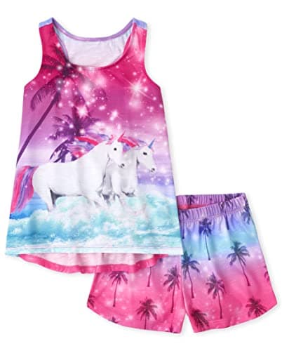 The Children's PlaceThe Children's Place Girls Sleeveless Tank Top and Shorts 2 Piece Pajama SetPALM TREE ALLOVERXLarge (14)