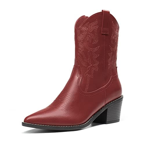 DREAM PAIRS Women's Cowboy Boots, Pointed Toe Chunky Heel Cowgirl Boots, Zipper Pull-On Stitched Western Boots Ankle Boots for Ladies,Size 7,Red,SDAB2219W
