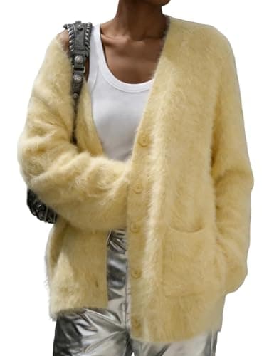 Women's Fuzzy Cardigan V Neck Long Sleeve Button Down Slouchy Furry Sweaters Chunky Knit Mohair Sweater Coat(Yellow-S)